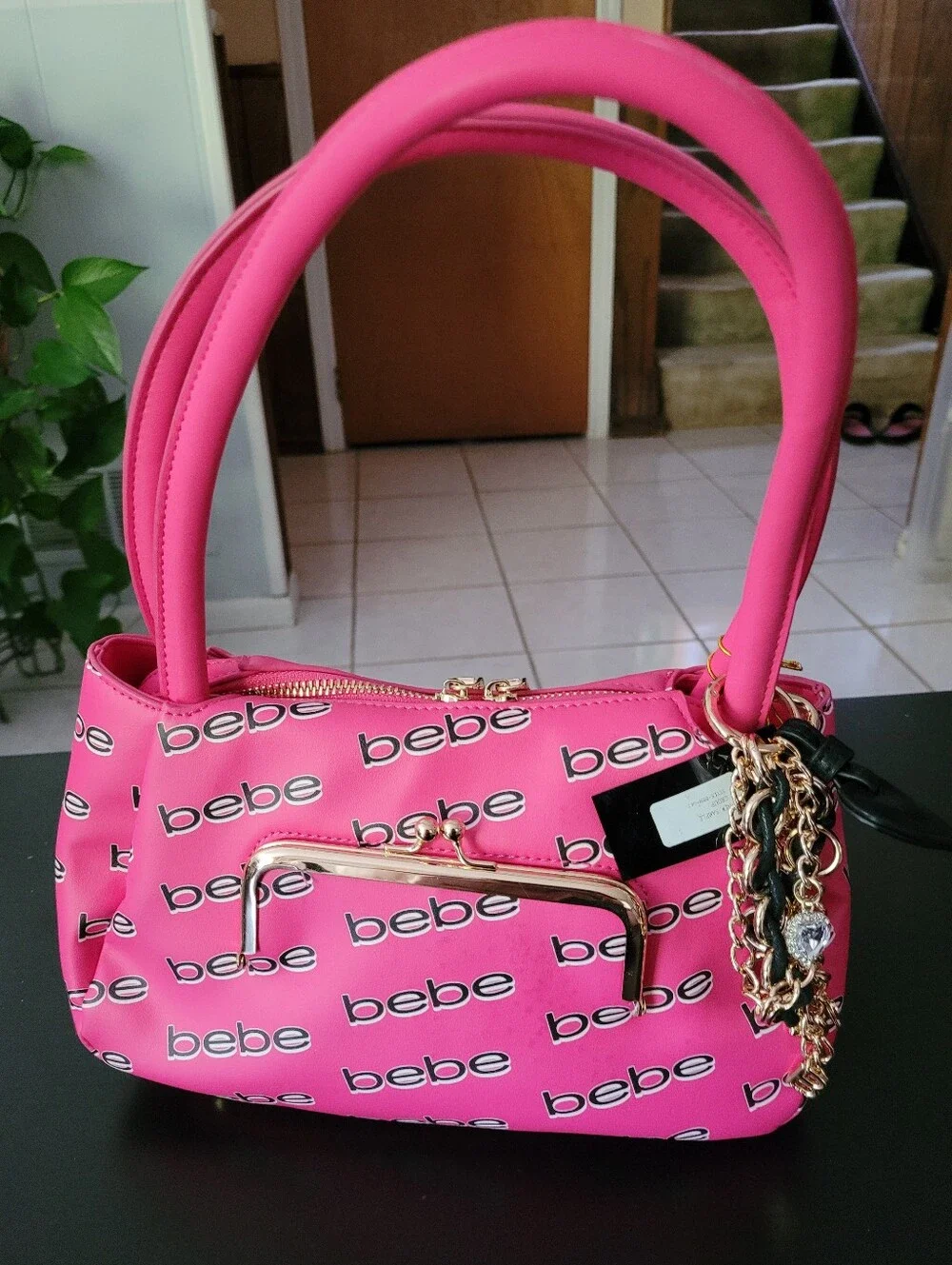 bebe Hot Pink Logo-Print Shoulder Bag with Gold-Tone Chain